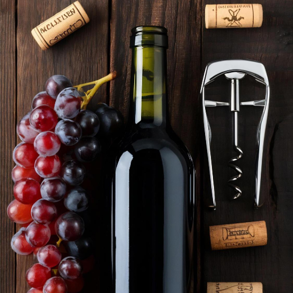 Bouteille de vin avec raisins et accessoires illustrant une image de marque haut de gamme et stratégique